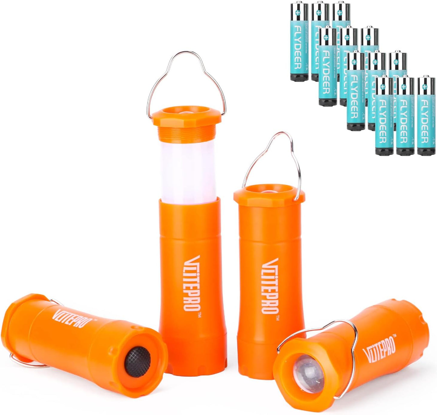 Mini Camping Lantern Flashlight, 4 Pack LED Zoomable Flashlights, AAA Battery Powered Torch with Hook, Emergency Light for Hurricane Supplies, Outdoor, Night Light, Batteries Included, Orange
