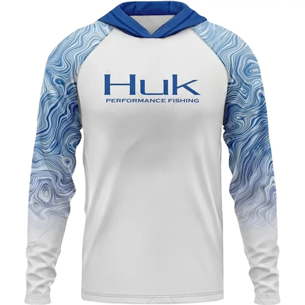 Long Sleeve Hooded Fishing Shirt - White/Blue Swirl