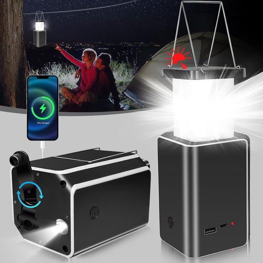 Hand Crank Solar Camping Lantern: 5000 Large Capacity Emergency Rechargeable Led Lights Battery Powered Waterproof Portable Flashlight for Outdoor Home Lamp Outage Hurricane Survival Kit
