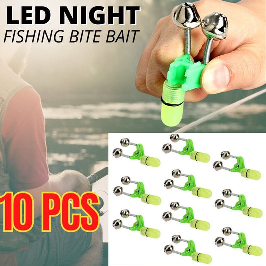 10x LED Night Fishing Bait Bite Alarm Twin 2 Bells Light Rod Tip Clip Alert Ring - Blue Force Sports