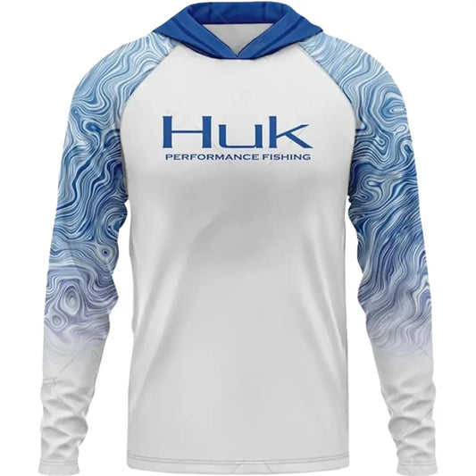 Long Sleeve Hooded Fishing Shirt - White/Blue Swirl
