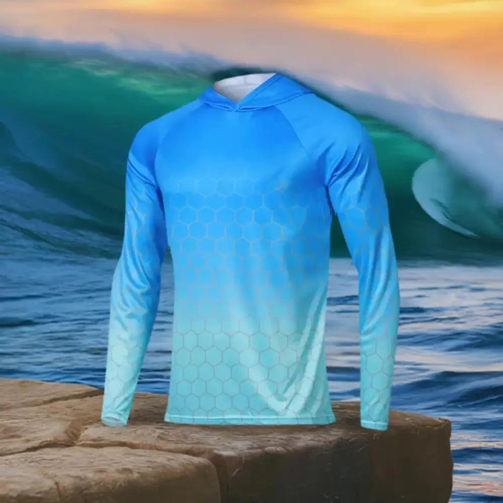 Men's Long Sleeve Hooded Fishing Jersey : Blue/Aqua