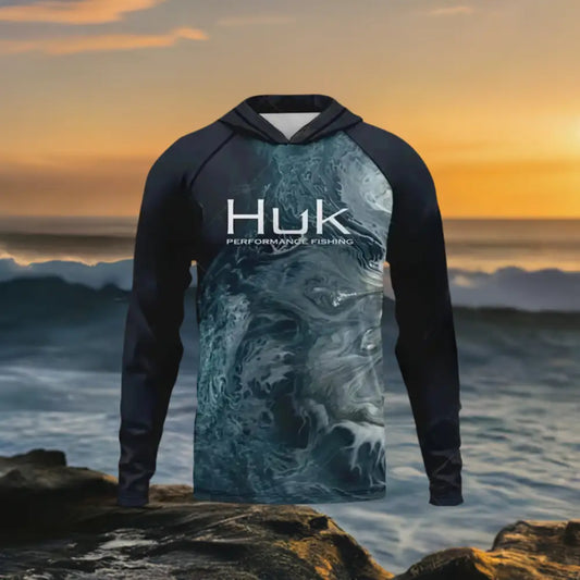 Men's Dark Ocean Hooded Summer Long Sleeve Fishing Shirts  UV Protection