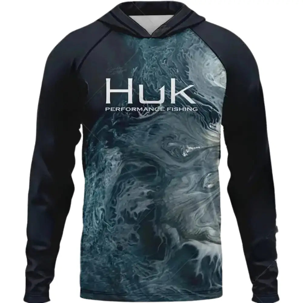 Men's Dark Ocean Hooded Summer Long Sleeve Fishing Shirts  UV Protection